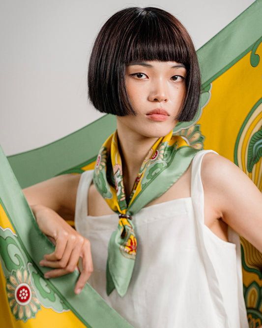 Dragon Dreams Silk Scarf / Green & Yellow / 65x65cm / 26x26in