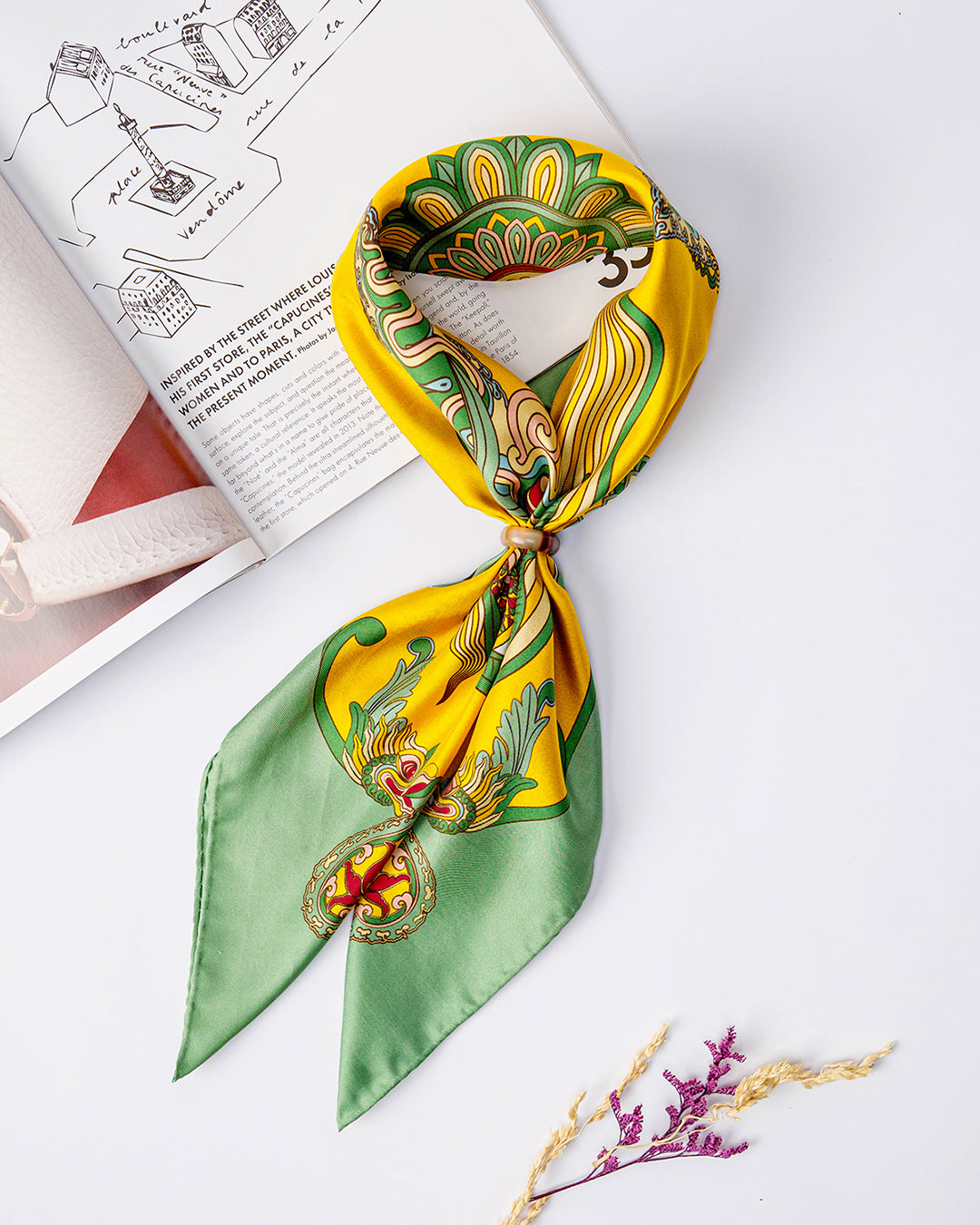 Dragon Dreams Silk Square Scarf / Green & Yellow