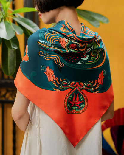 Dragon Dreams Silk Scarf / Orange & Dark Green / 90x90cm / 36x36in