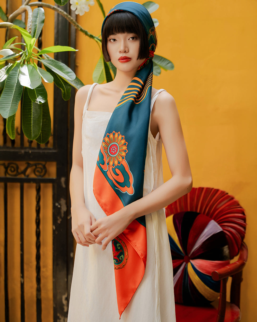 Dragon Dreams Silk Square Scarf / Orange & Dark Green