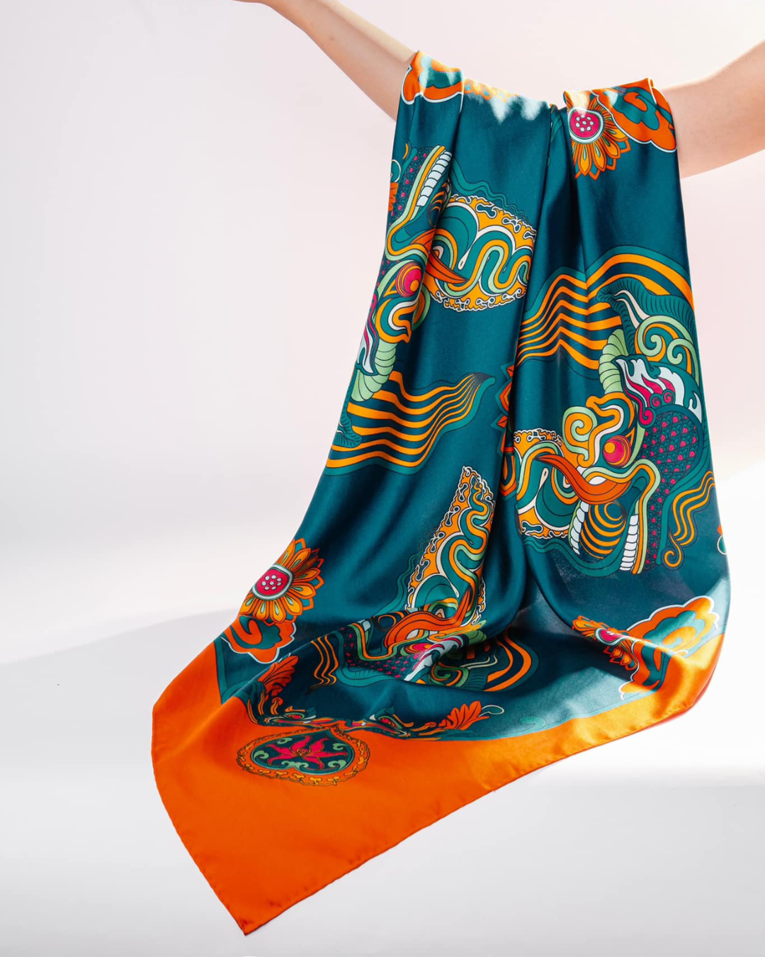 Dragon Dreams Silk Square Scarf / Orange & Dark Green