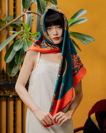 Dragon Dreams Silk Square Scarf / Orange & Dark Green