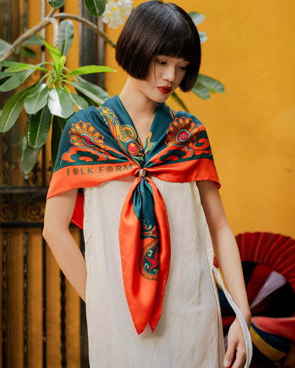 Dragon Dreams Silk Square Scarf / Orange & Dark Green