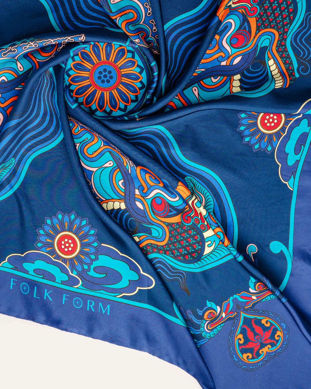 Dragon Dreams Silk Scarf / Navy Blue / 90x90cm / 36x36in