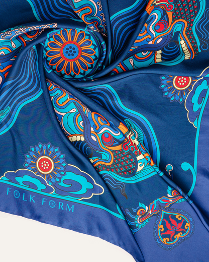 Dragon Dreams Silk Scarf / Navy Blue / 90x90cm / 36x36in