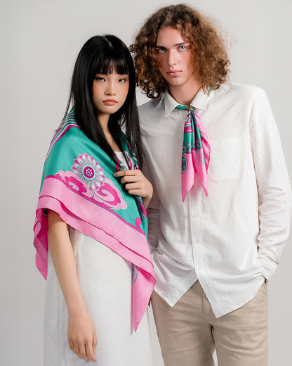 Dragon Dreams Silk Scarf / Pink & Turquoise / 90x90cm / 36x36in