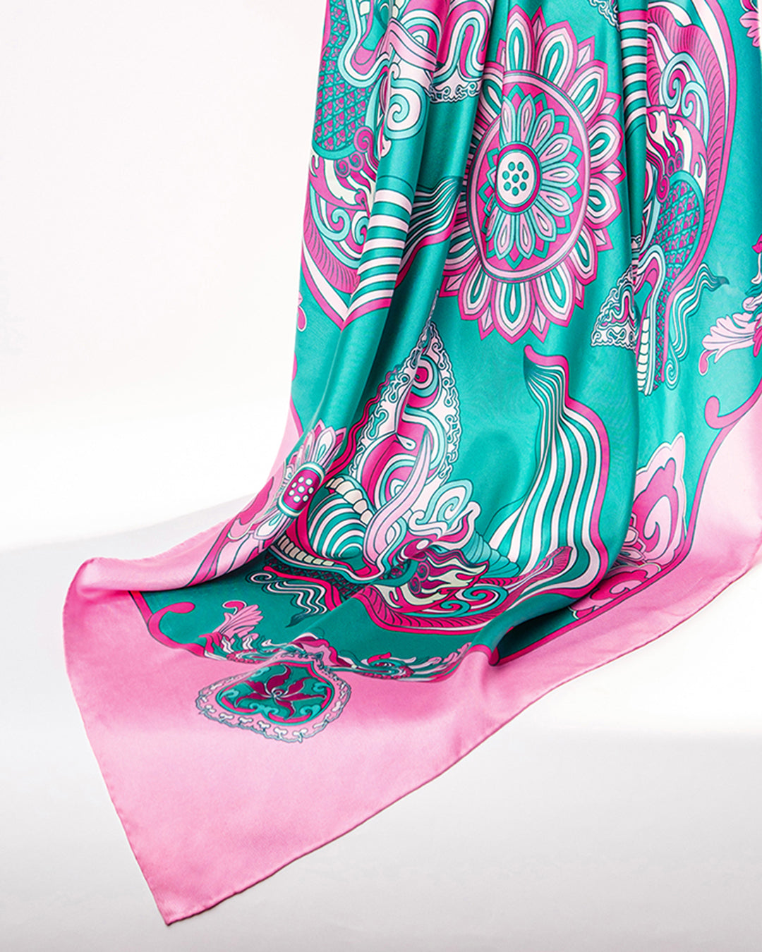 Dragon Dreams Silk Scarf / Pink & Turquoise / 55x55cm / 22x22in