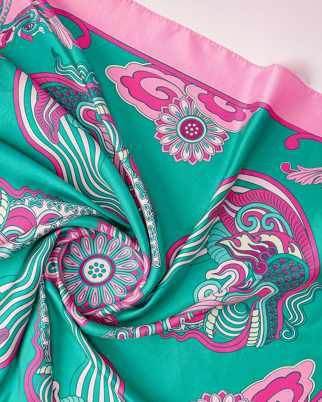 Dragon Dreams Silk Scarf / Pink & Turquoise / 55x55cm / 22x22in