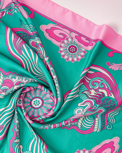 Dragon Dreams Silk Scarf / Pink & Turquoise / 55x55cm / 22x22in
