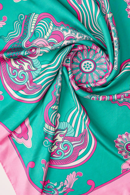 Dragon Dreams Silk Scarf / Pink & Turquoise / 65x65cm / 26x26in
