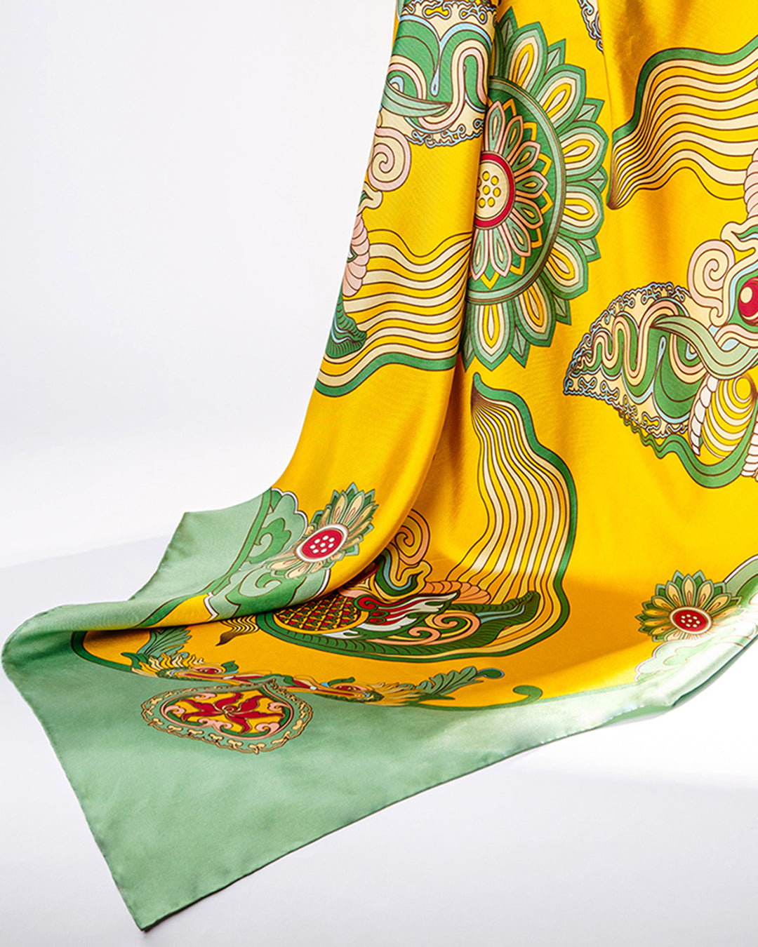 Dragon Dreams Silk Square Scarf / Green & Yellow