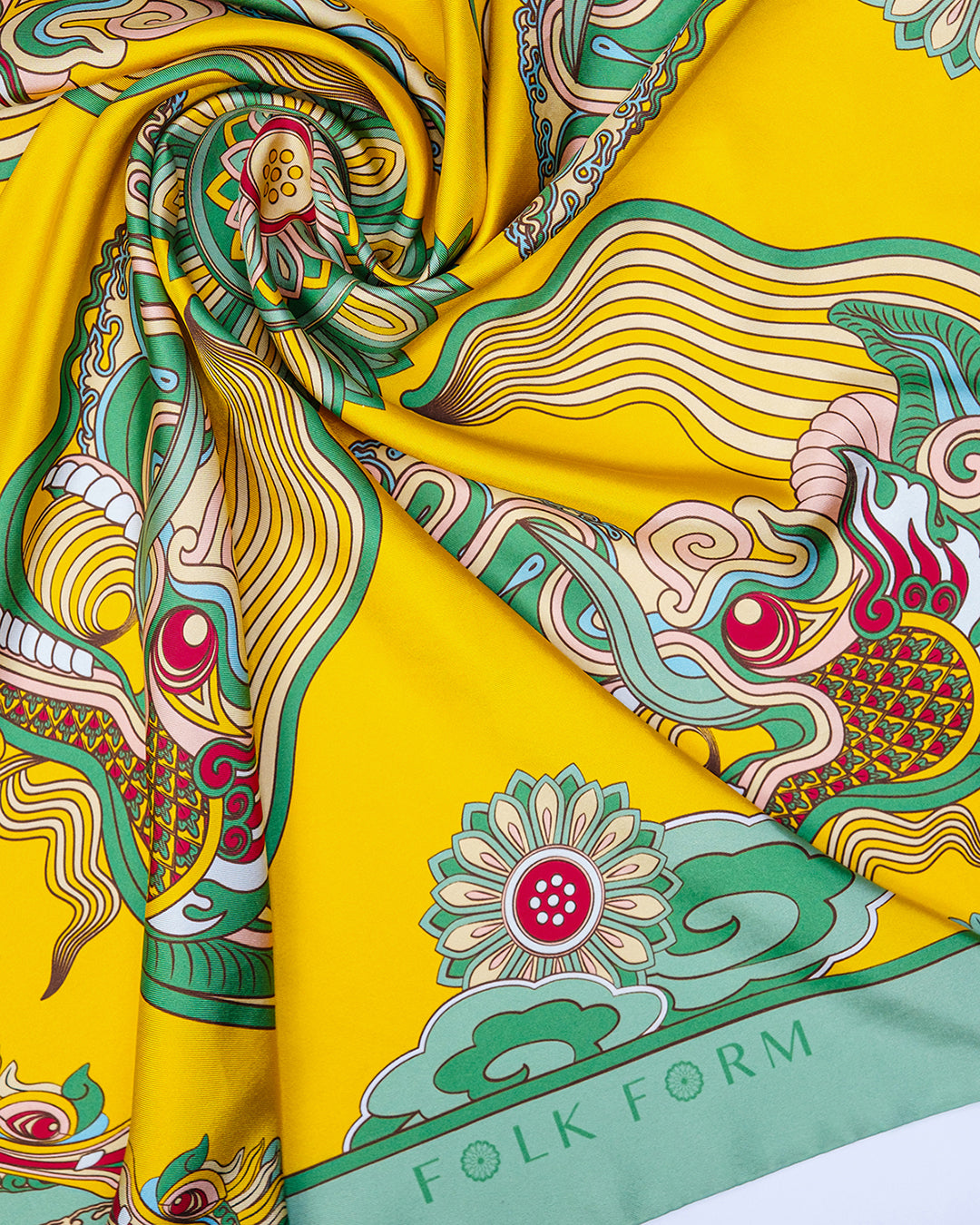 Dragon Dreams Silk Square Scarf / Green & Yellow