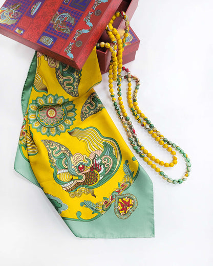 Dragon Dreams Silk Square Scarf / Green & Yellow