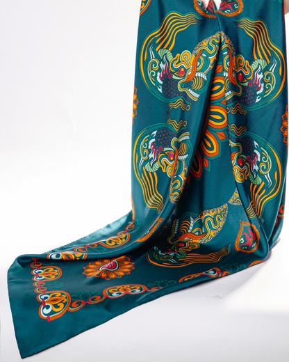 Dragon Of Grace Silk Square Scarf / Dark Green