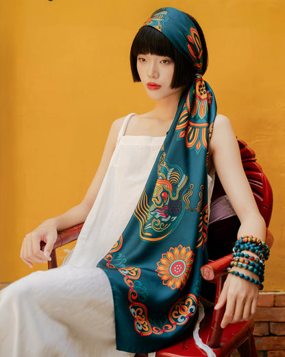 Dragon Of Grace Silk Square Scarf / Dark Green