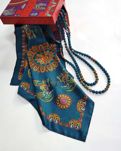 Dragon Of Grace Silk Scarf / Dark Green / 110x110cm / 44x44in
