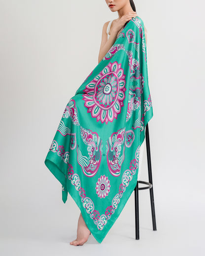 Dragon Of Grace Silk Scarf / Turquoise / 110x110cm / 44x44in