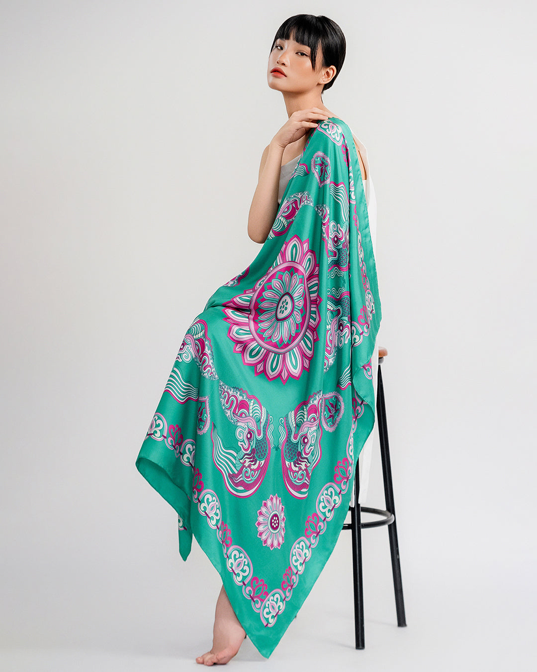 Dragon Of Grace Silk Square Scarf / Turquoise