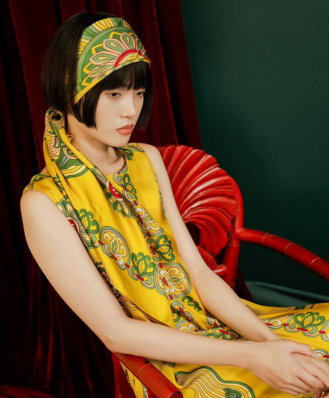 Dragon Of Grace Silk Scarf / Yellow / 110x110cm / 44x44in