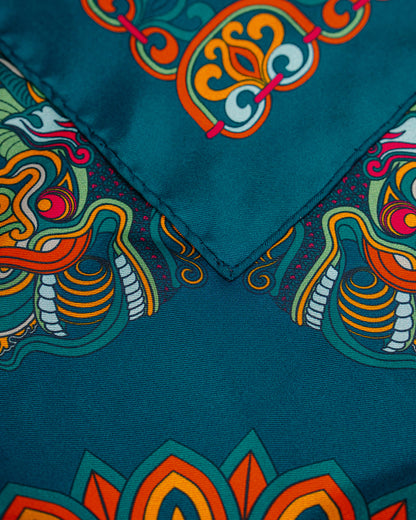 Dragon Of Grace Silk Scarf / Dark Green / 55x55cm / 22x22in