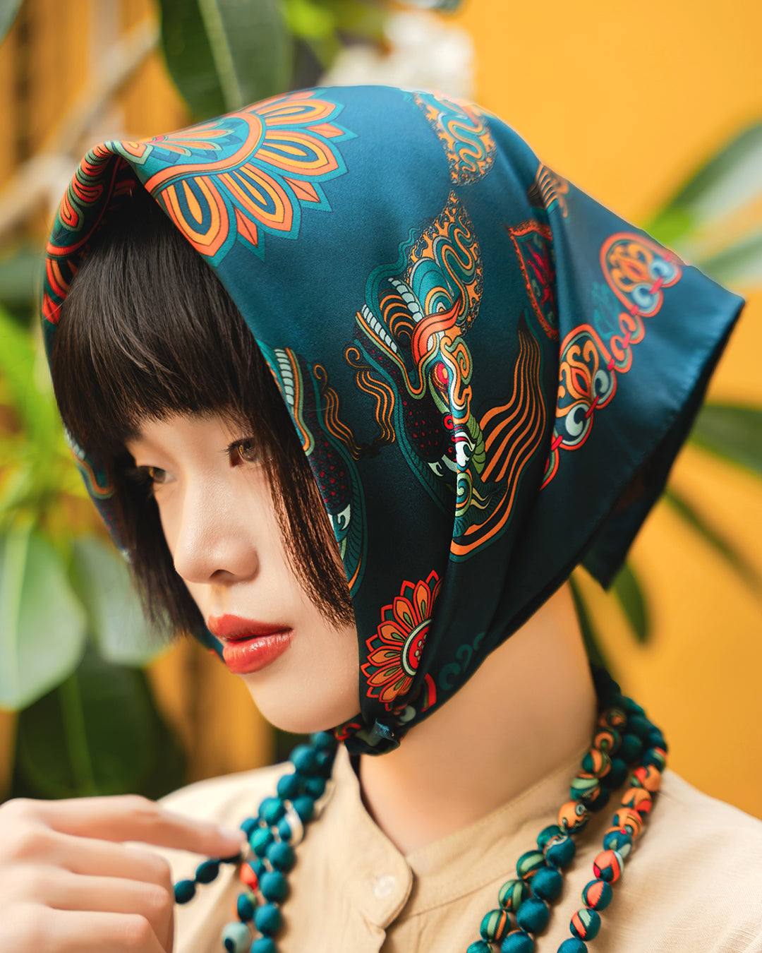 Dragon Of Grace Silk Square Scarf / Dark Green