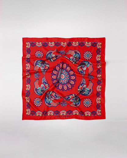 Dragon Of Grace Silk Scarf / Red / 55x55cm / 22x22in