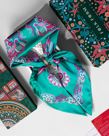 Dragon Of Grace Silk Square Scarf / Turquoise