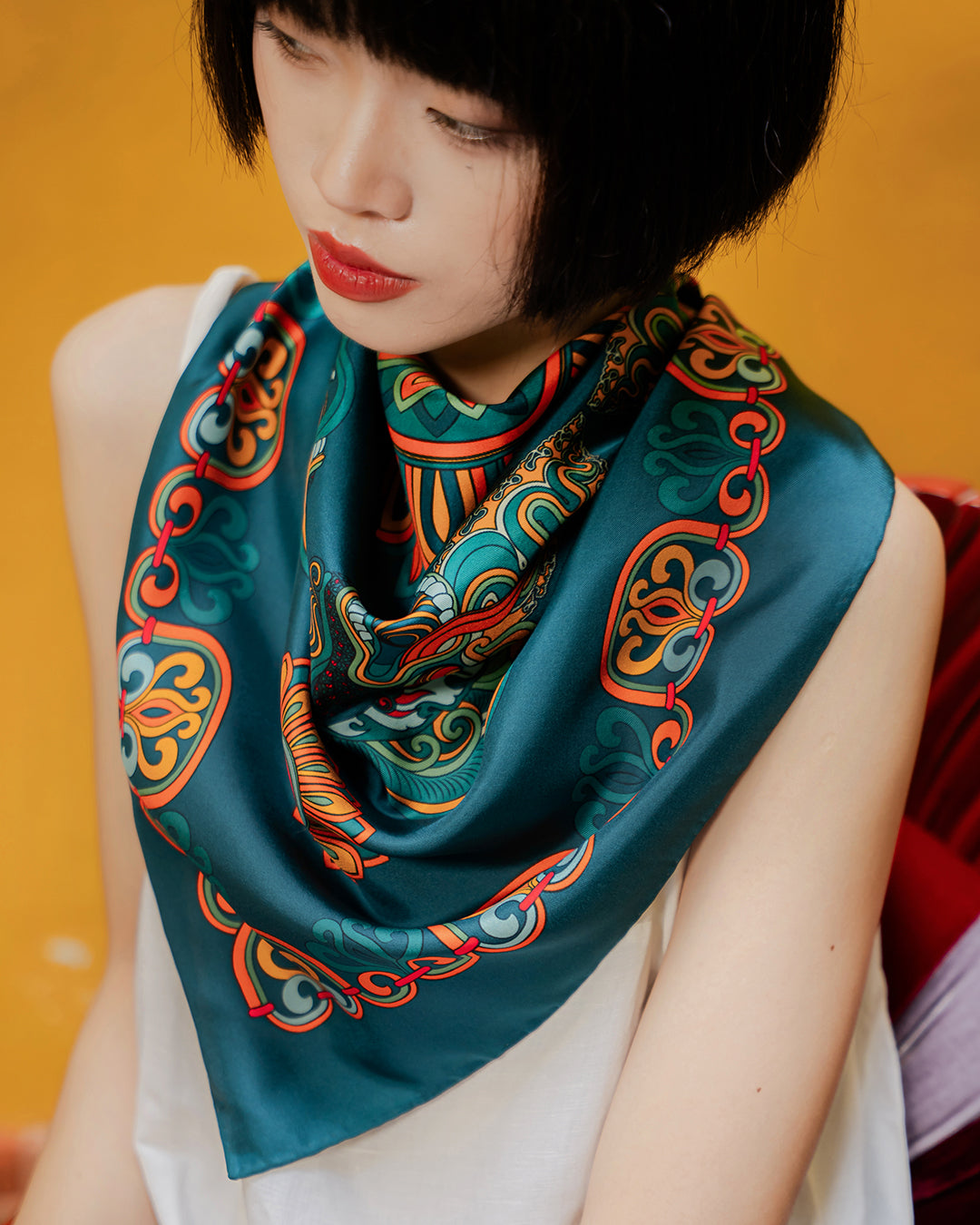Dragon Of Grace Silk Square Scarf / Dark Green