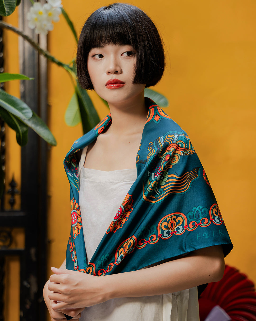 Dragon Of Grace Silk Scarf / Dark Green / 90x90cm / 36x36in