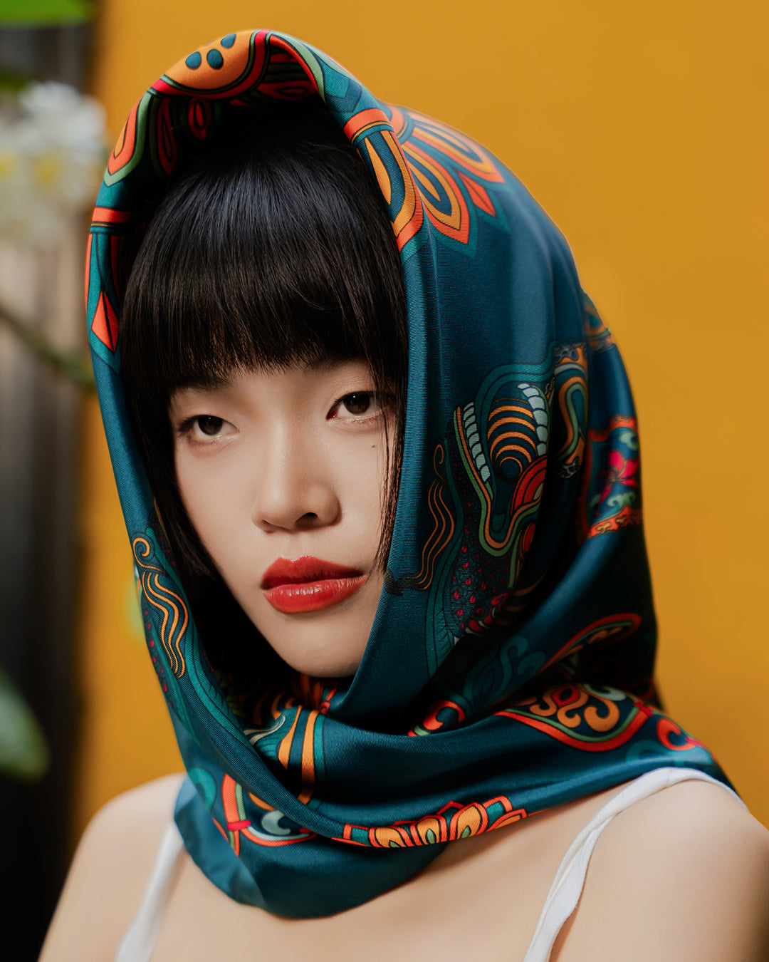 Dragon Of Grace Silk Square Scarf / Dark Green