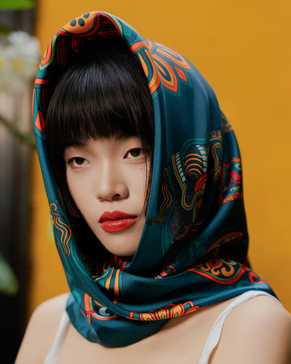 Dragon Of Grace Silk Square Scarf / Dark Green