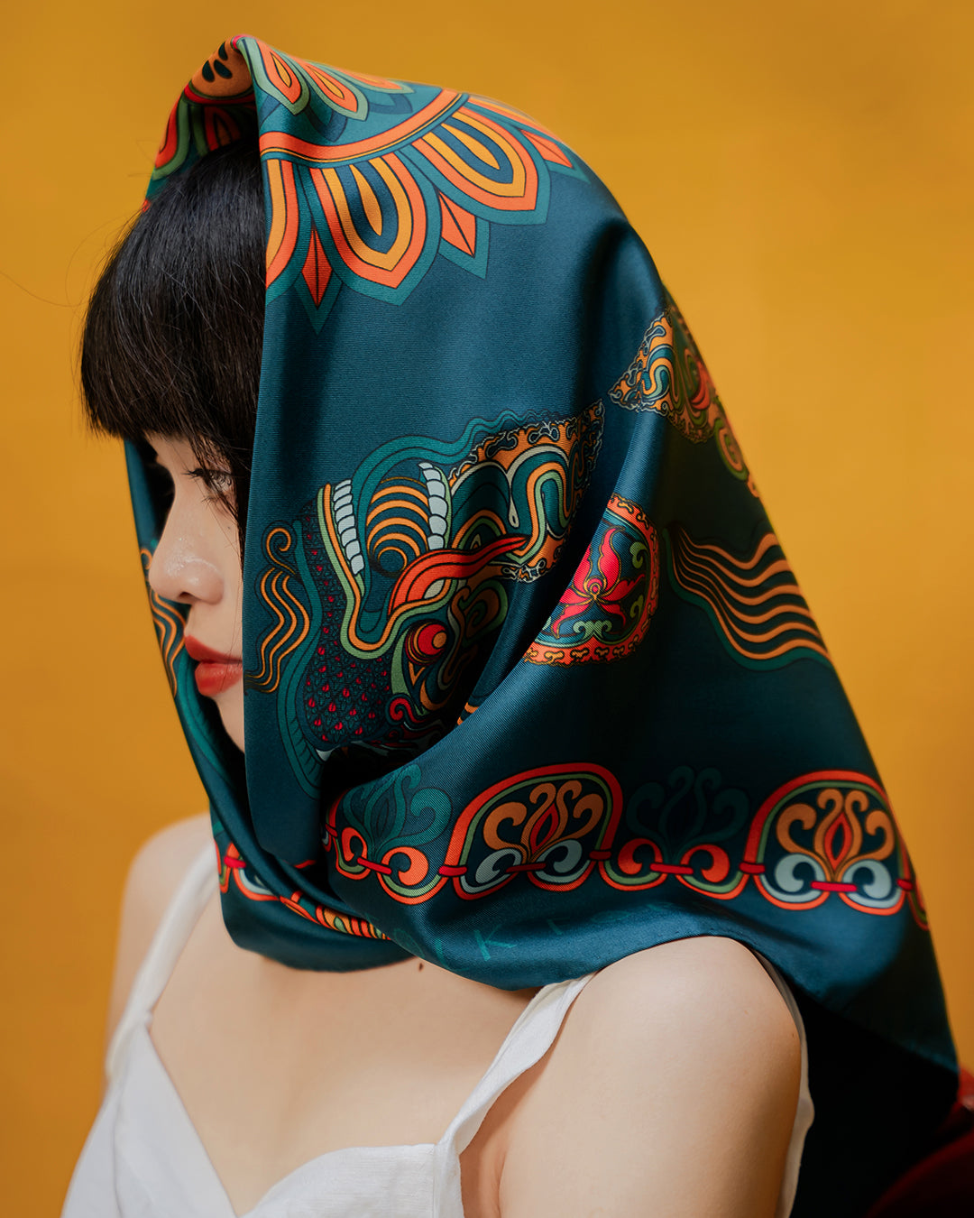 Dragon Of Grace Silk Square Scarf / Dark Green