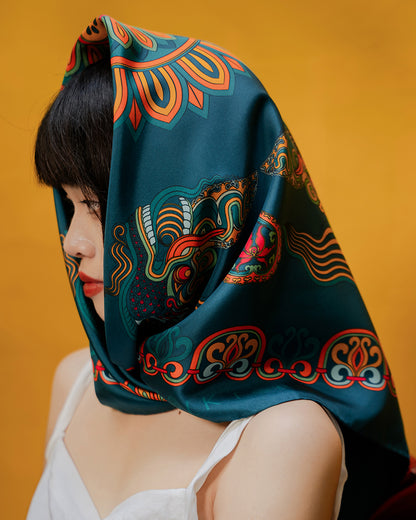 Dragon Of Grace Silk Square Scarf / Dark Green