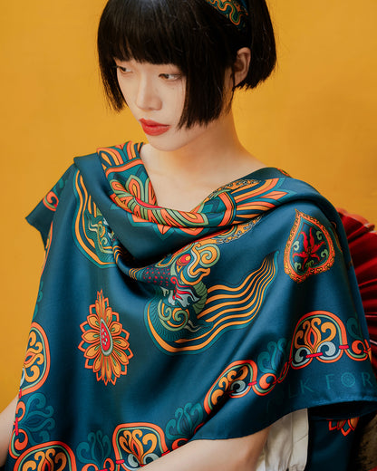 Dragon Of Grace Silk Square Scarf / Dark Green