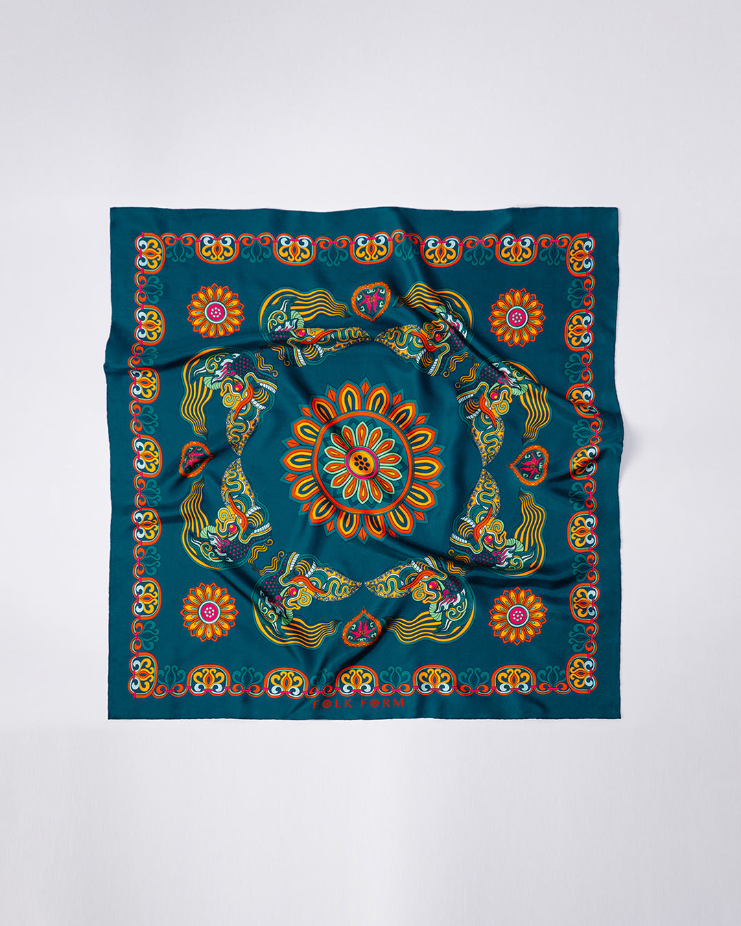 Dragon Of Grace Silk Square Scarf / Dark Green
