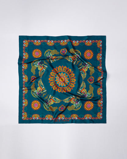 Dragon Of Grace Silk Square Scarf / Dark Green