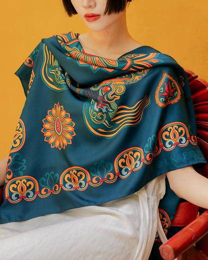 Dragon Of Grace Silk Scarf / Dark Green / 90x90cm / 36x36in