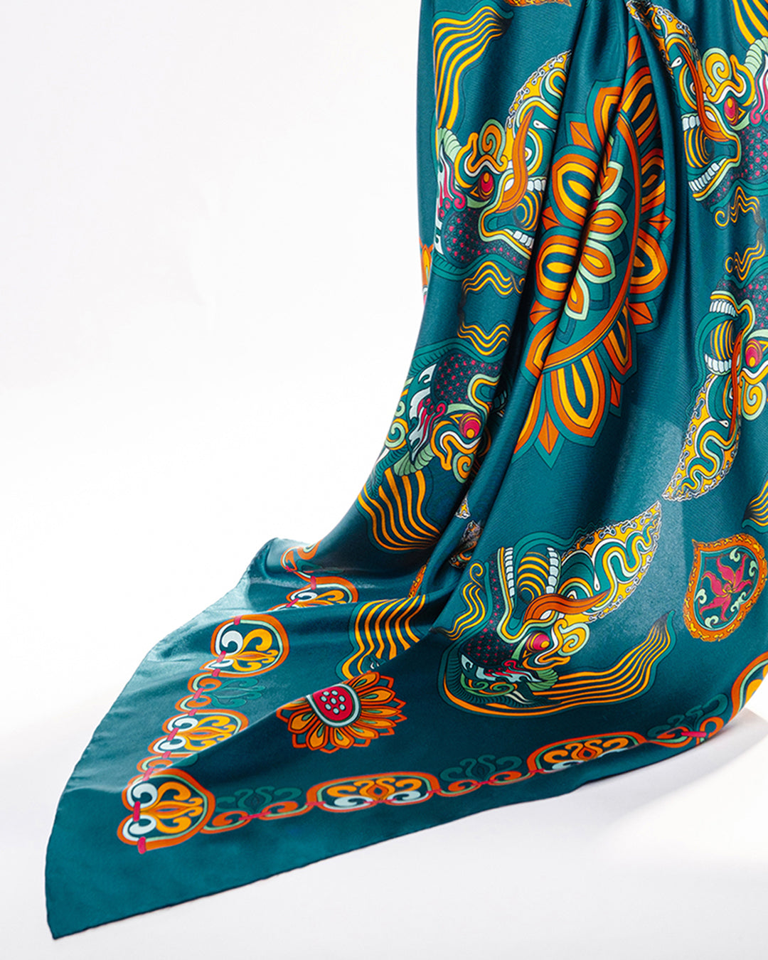 Dragon Of Grace Silk Scarf / Dark Green / 90x90cm / 36x36in