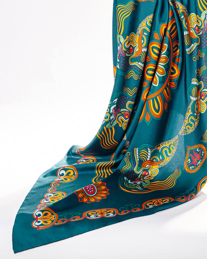 Dragon Of Grace Silk Scarf / Dark Green / 90x90cm / 36x36in