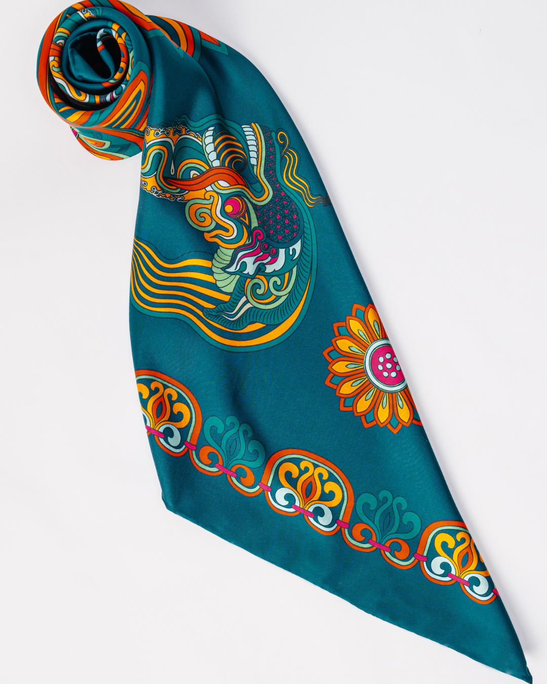 Dragon Of Grace Silk Square Scarf / Dark Green