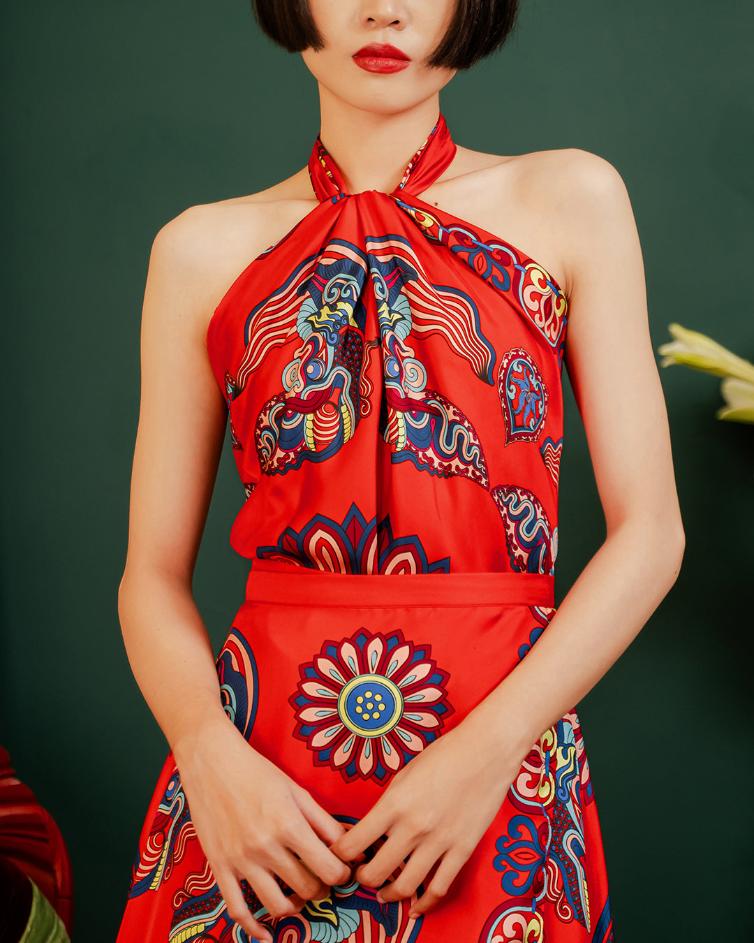 Dragon Of Grace Silk Square Scarf / Red