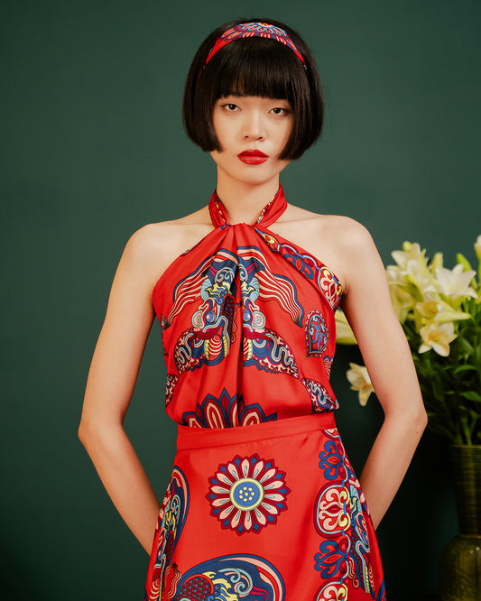 Dragon Of Grace Silk Scarf / Red /110x110cm / 44x44in