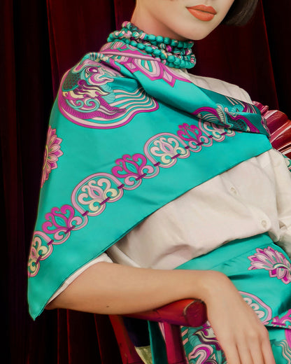 Dragon Of Grace Silk Square Scarf / Turquoise