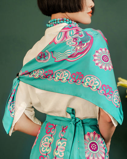 Dragon Of Grace Silk Square Scarf / Turquoise
