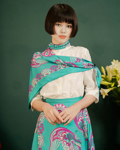 Dragon Of Grace Silk Square Scarf / Turquoise