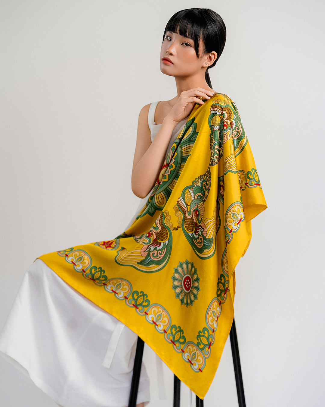Dragon Of Grace Silk Scarf / Yellow / 90x90cm / 36x36in