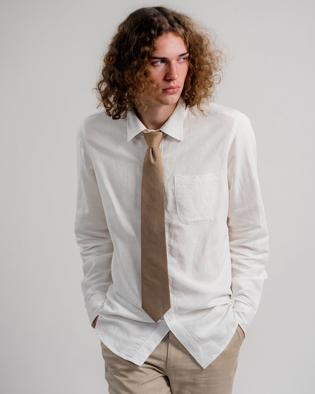 Line Square Pattern Silk Necktie / Dark Beige / Band 8cm / 3.2in