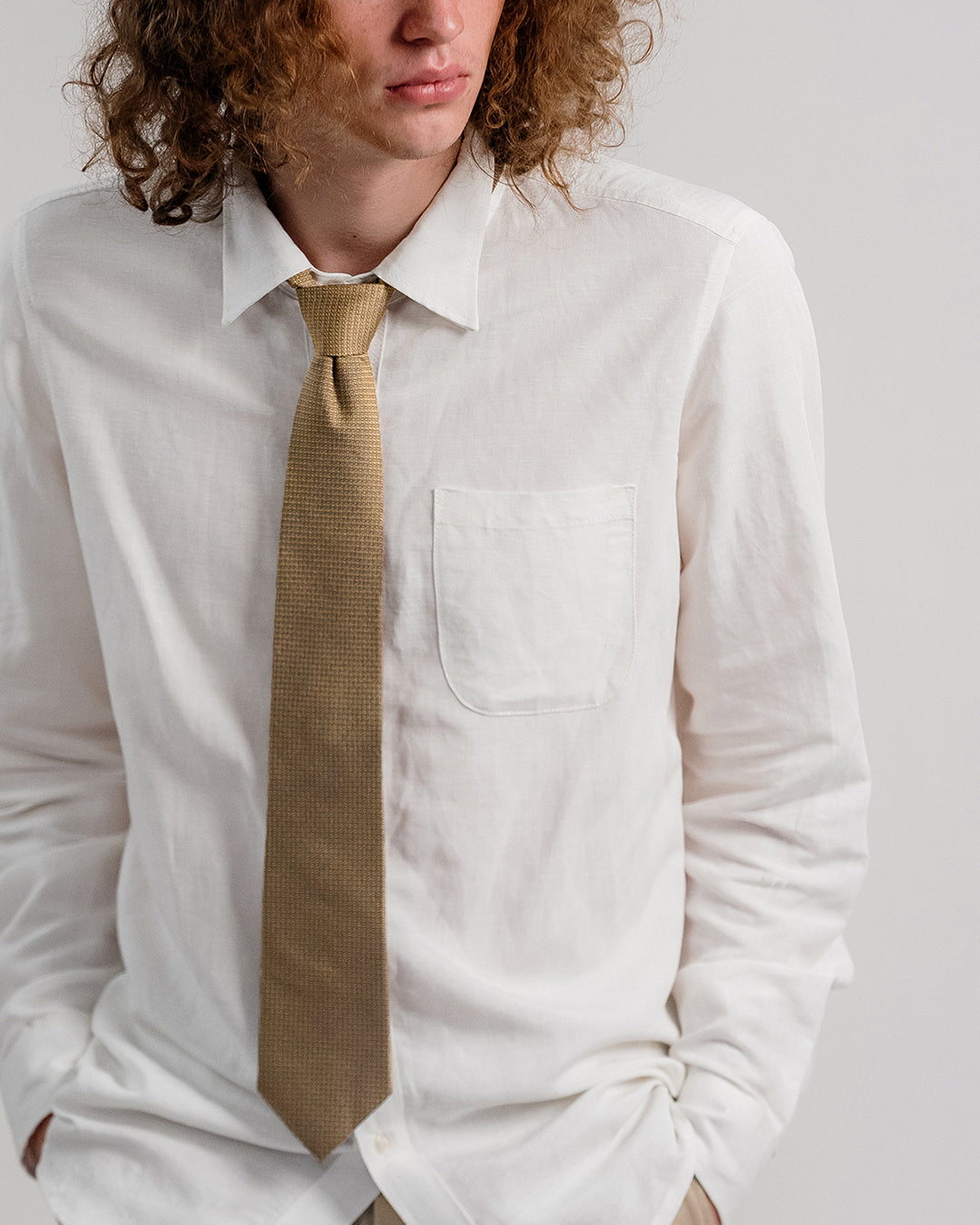 Line Square Pattern Silk Necktie / Dark Beige / Band 8cm / 3.2in