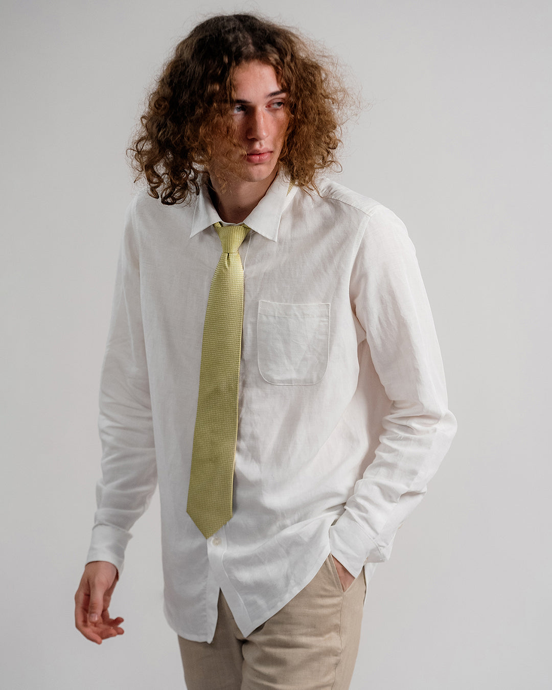 Line Square Pattern Silk Necktie / Lime Yellow / Band 8cm / 3.2in