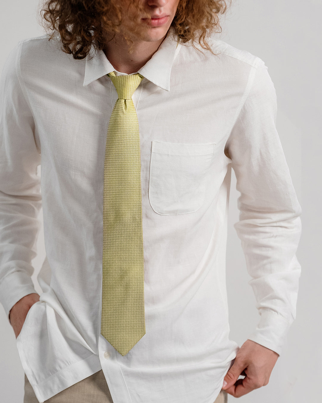 Line Square Pattern Silk Necktie / Lime Yellow / Band 8cm / 3.2in